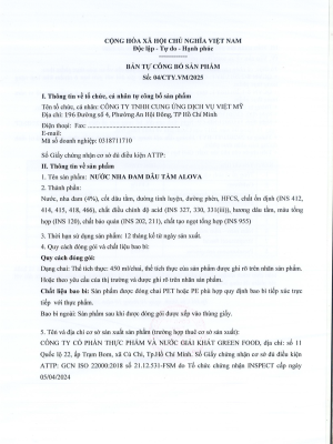 Giấy chứng nhận Nước Nha Đam Dâu Tằm Alova