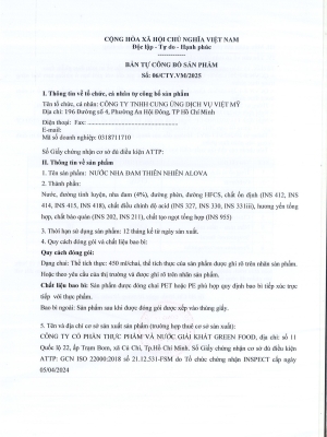 Giấy chứng nhận Nước Nha Đam Thiên Nhiên Alova